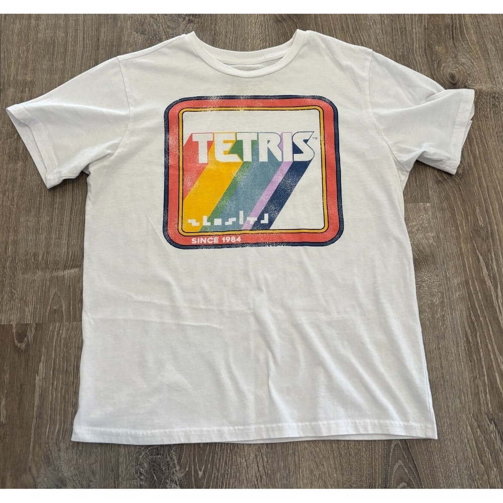 Tetris Graphic Tee White Retro‎ Rainbow Logo Shirt XXL Kids 18 Gamer Classic